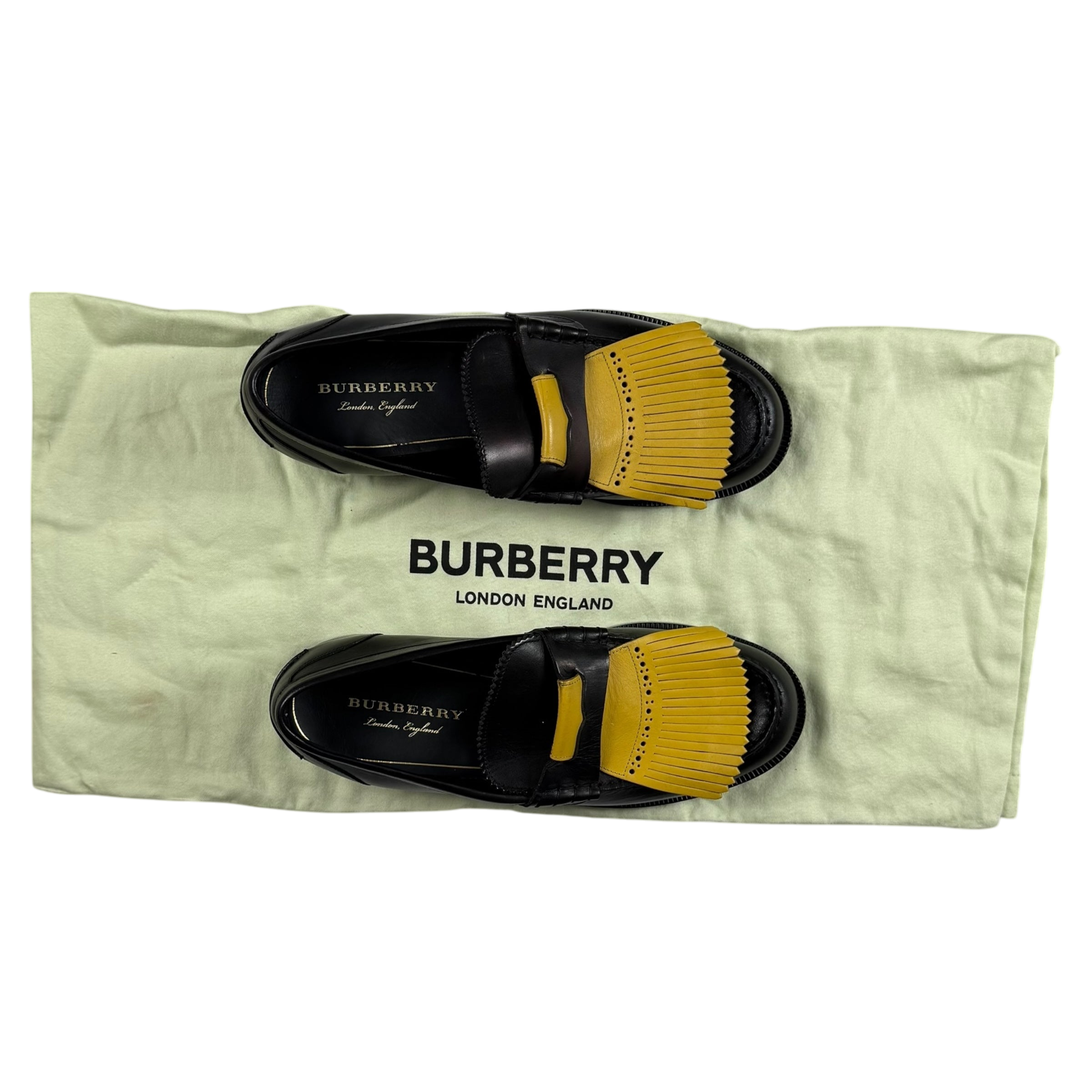 Burberry Kiltie Fringe Leather Loafers Black /Yellow (Fits US10.5-11)