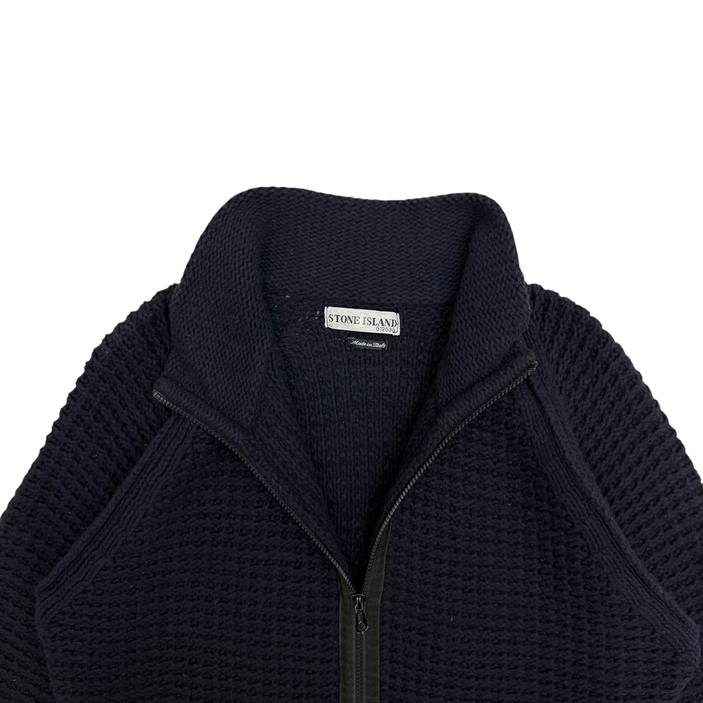 Stone Island AW02 Wool Blend Ribbed Knit Zip-Up Sweatshirt Navy (Size L)
