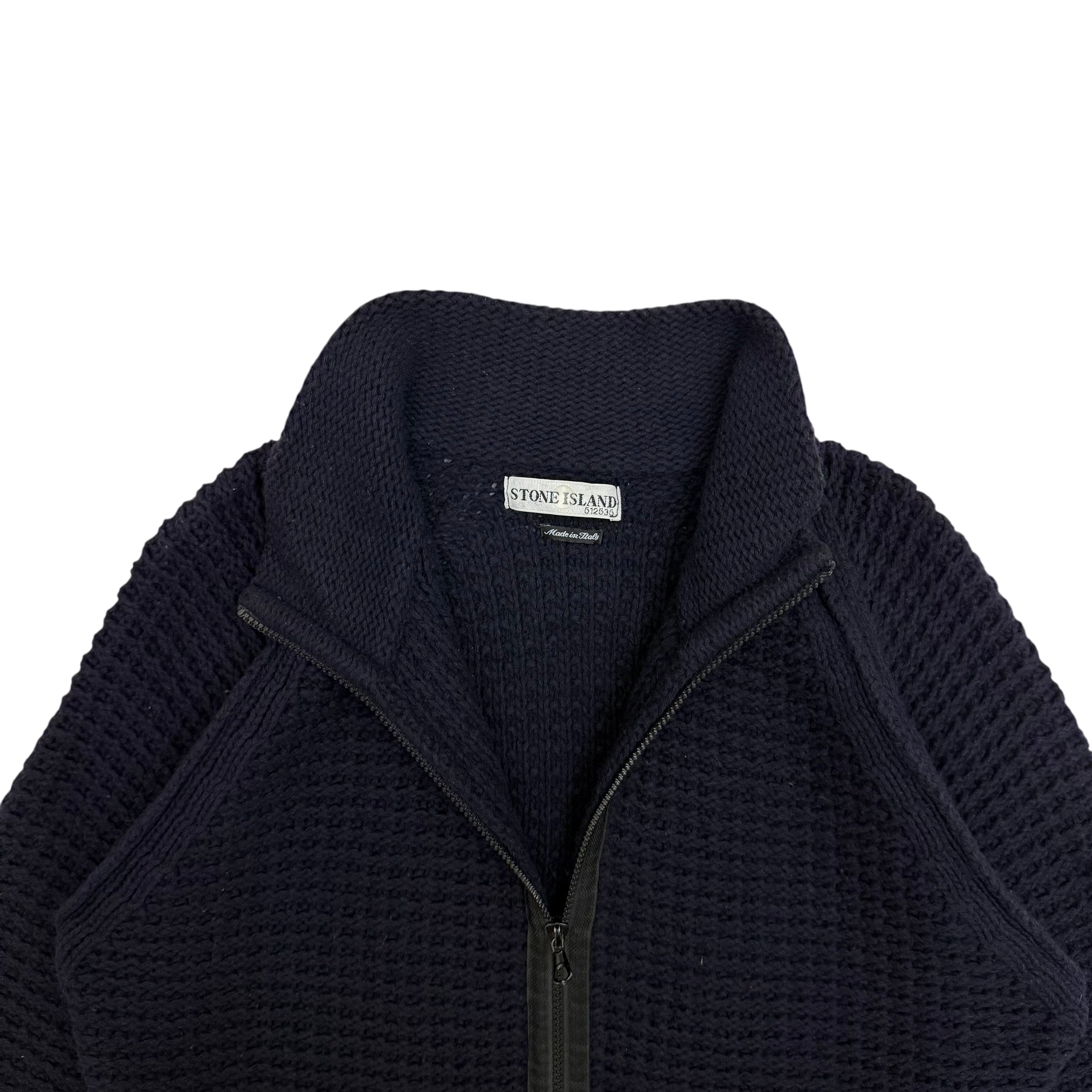 Stone Island AW02 Wool Blend Ribbed Knit Zip-Up Sweatshirt Navy (Size L)