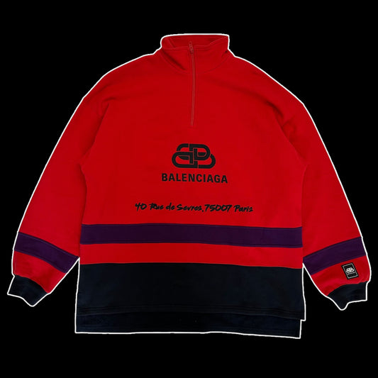 Balenciaga 2019 Rive Gauche BB Logo Embroidered Half Zip Sweatshirt Red/Black/Purple (Fits XL-XXL)