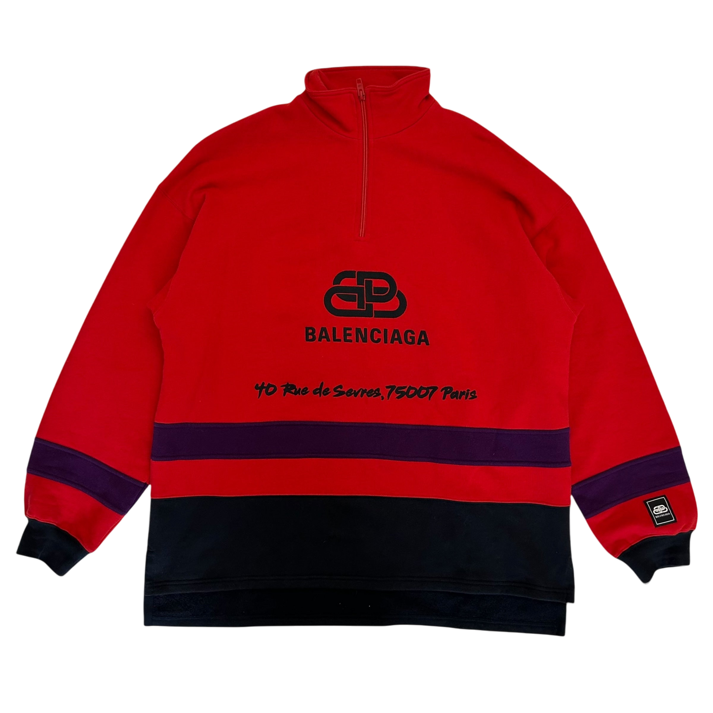 Balenciaga 2019 Rive Gauche BB Logo Embroidered Half Zip Sweatshirt Red/Black/Purple (Fits XL-XXL)