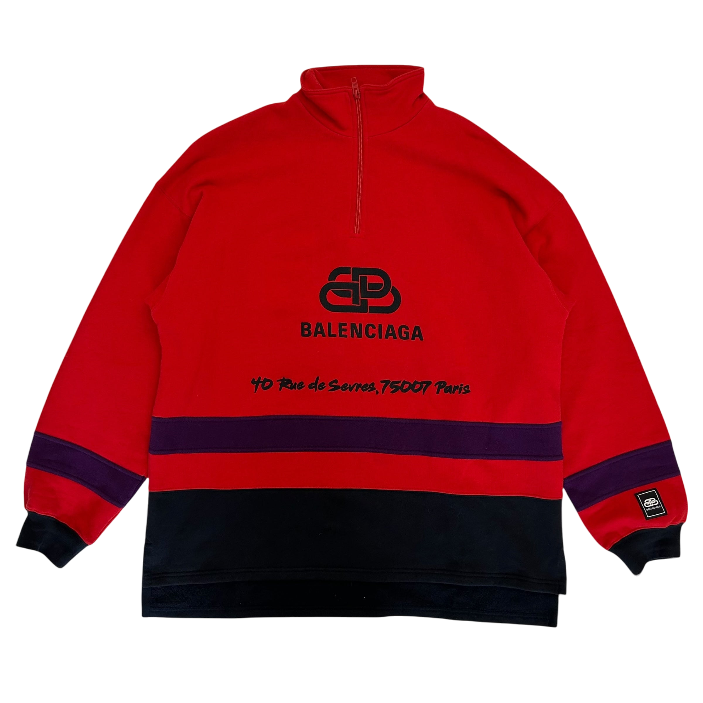 Balenciaga 2019 Rive Gauche BB Logo Embroidered Half Zip Sweatshirt Red/Black/Purple (Fits XL-XXL)