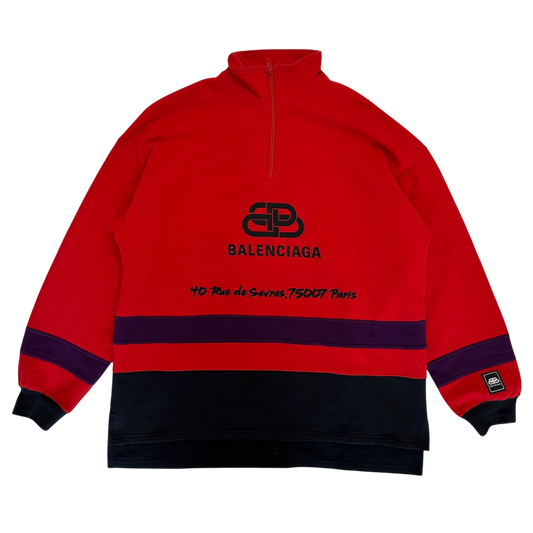 Balenciaga 2019 Rive Gauche BB Logo Embroidered Half Zip Sweatshirt Red/Black/Purple (Fits XL-XXL)