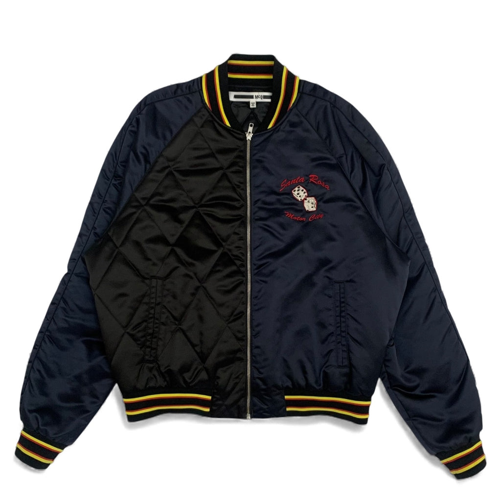 Alexander McQueen Motor City Two Tone Silk Blend Quilted Bomber Jacket Black/Navy (Fits M-L)