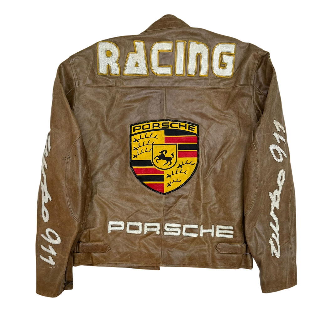90s Porsche Turbo 911 Leather Racing Jacket Brown (size L)