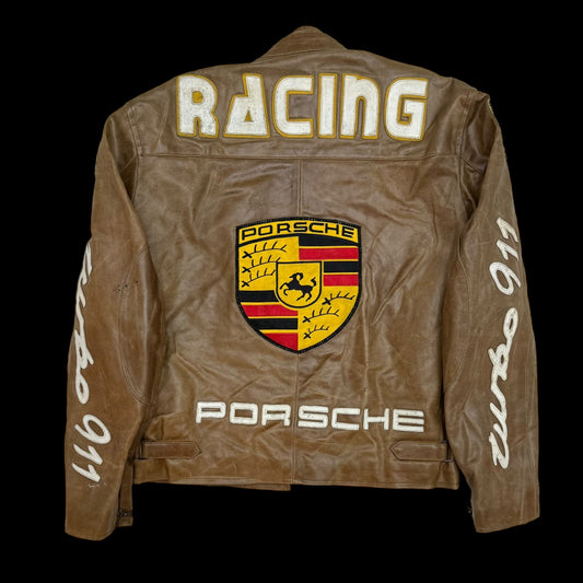 90s Porsche Turbo 911 Leather Racing Jacket Brown (size L)