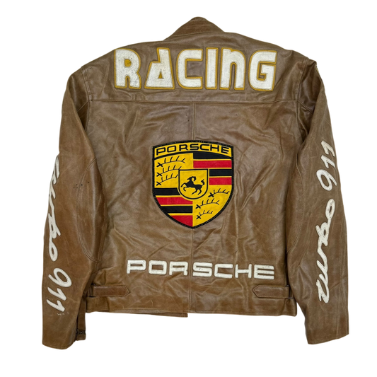 90s Porsche Turbo 911 Leather Racing Jacket Brown (size L)