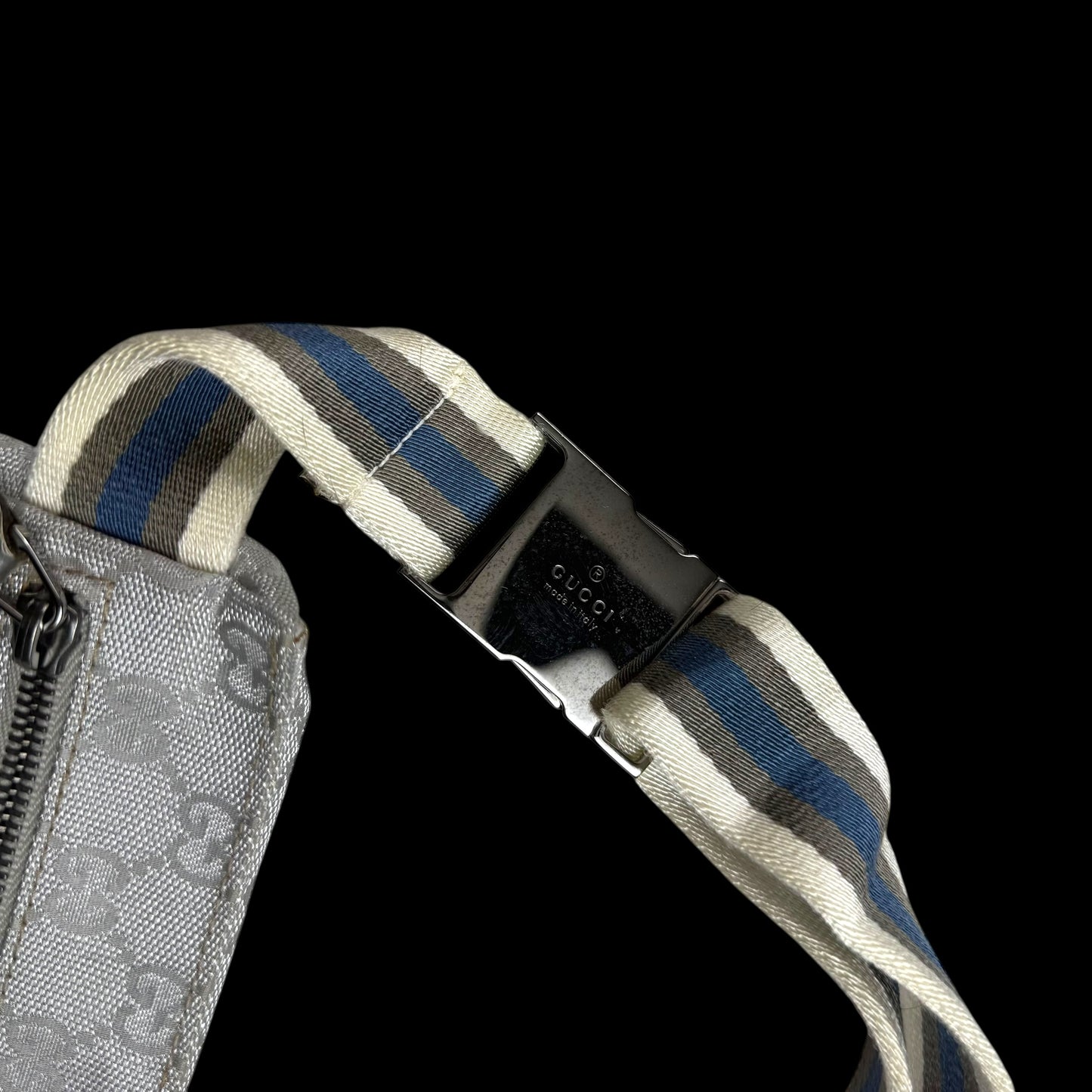 Gucci GG Monogram Web Double Pocket Canvas Belt Bag Silver