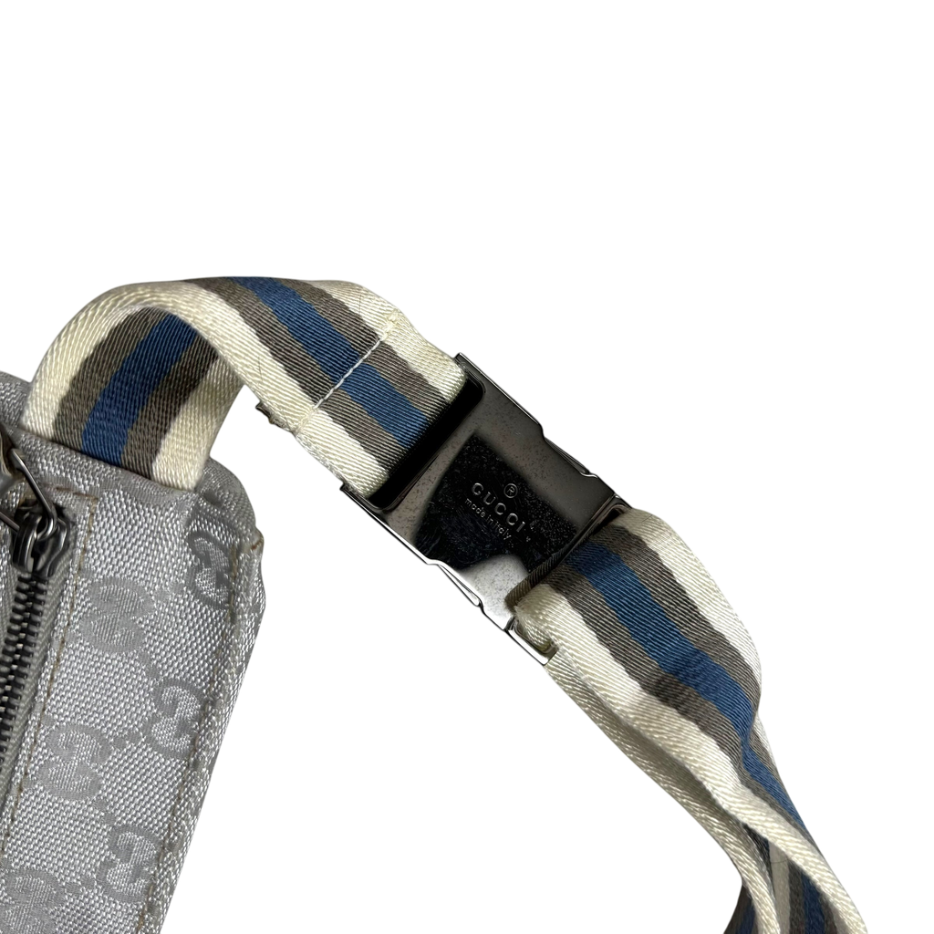 Gucci GG Monogram Web Double Pocket Canvas Belt Bag Silver
