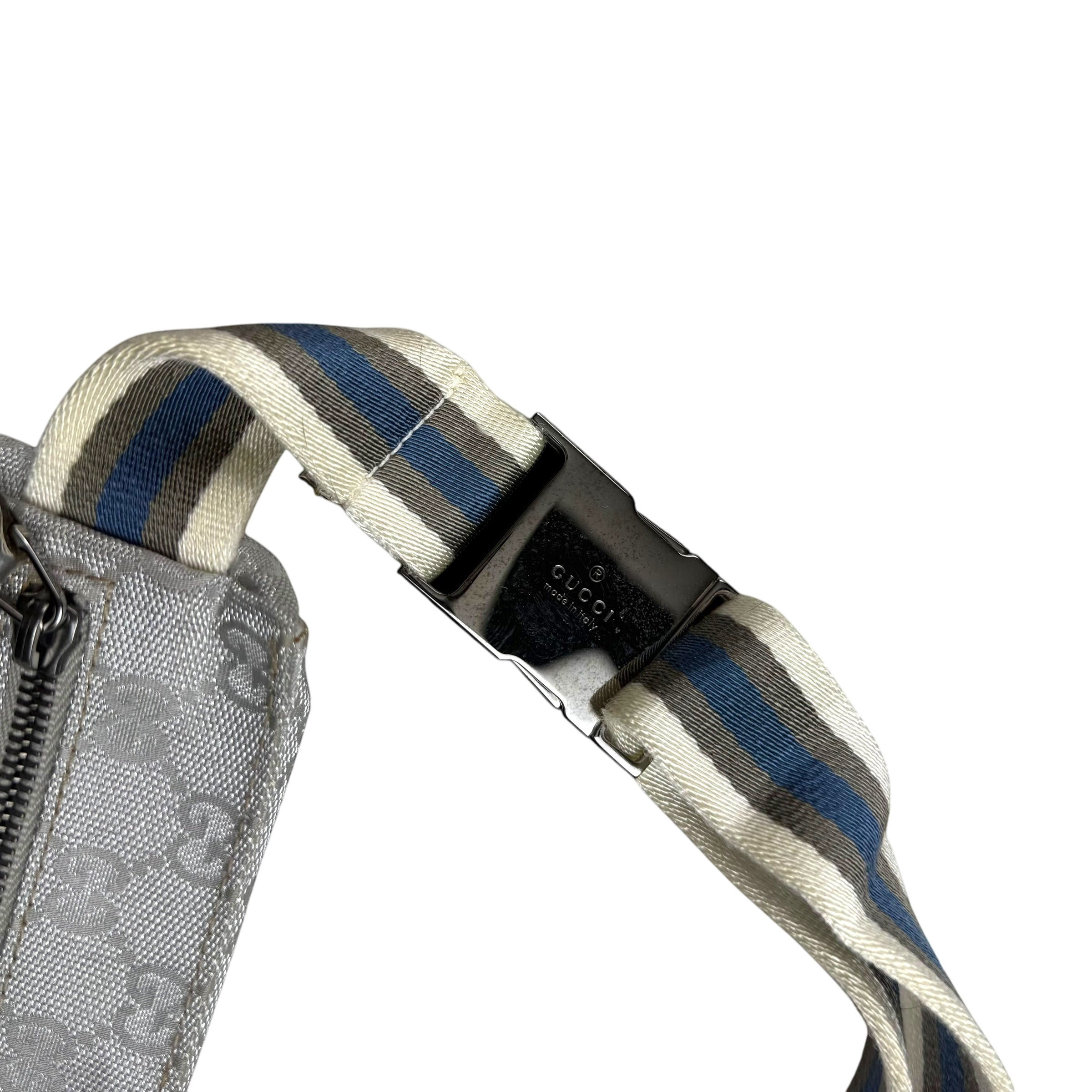 Gucci GG Monogram Web Double Pocket Canvas Belt Bag Silver