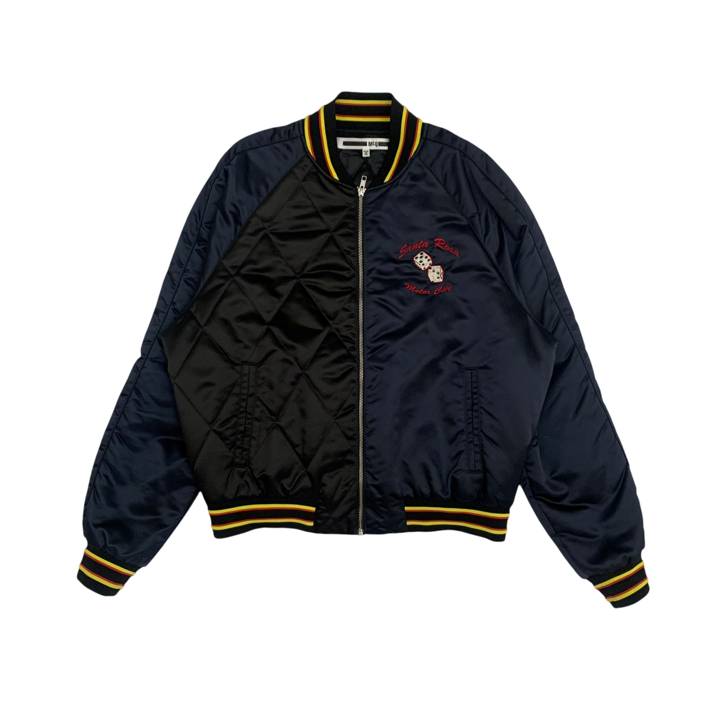 Alexander McQueen Motor City Two Tone Silk Blend Quilted Bomber Jacket Black/Navy (Fits M-L)