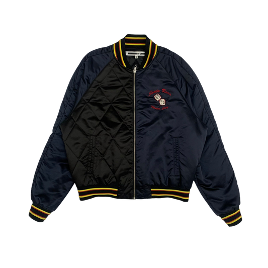 Alexander McQueen Motor City Two Tone Silk Blend Quilted Bomber Jacket Black/Navy (Fits M-L)