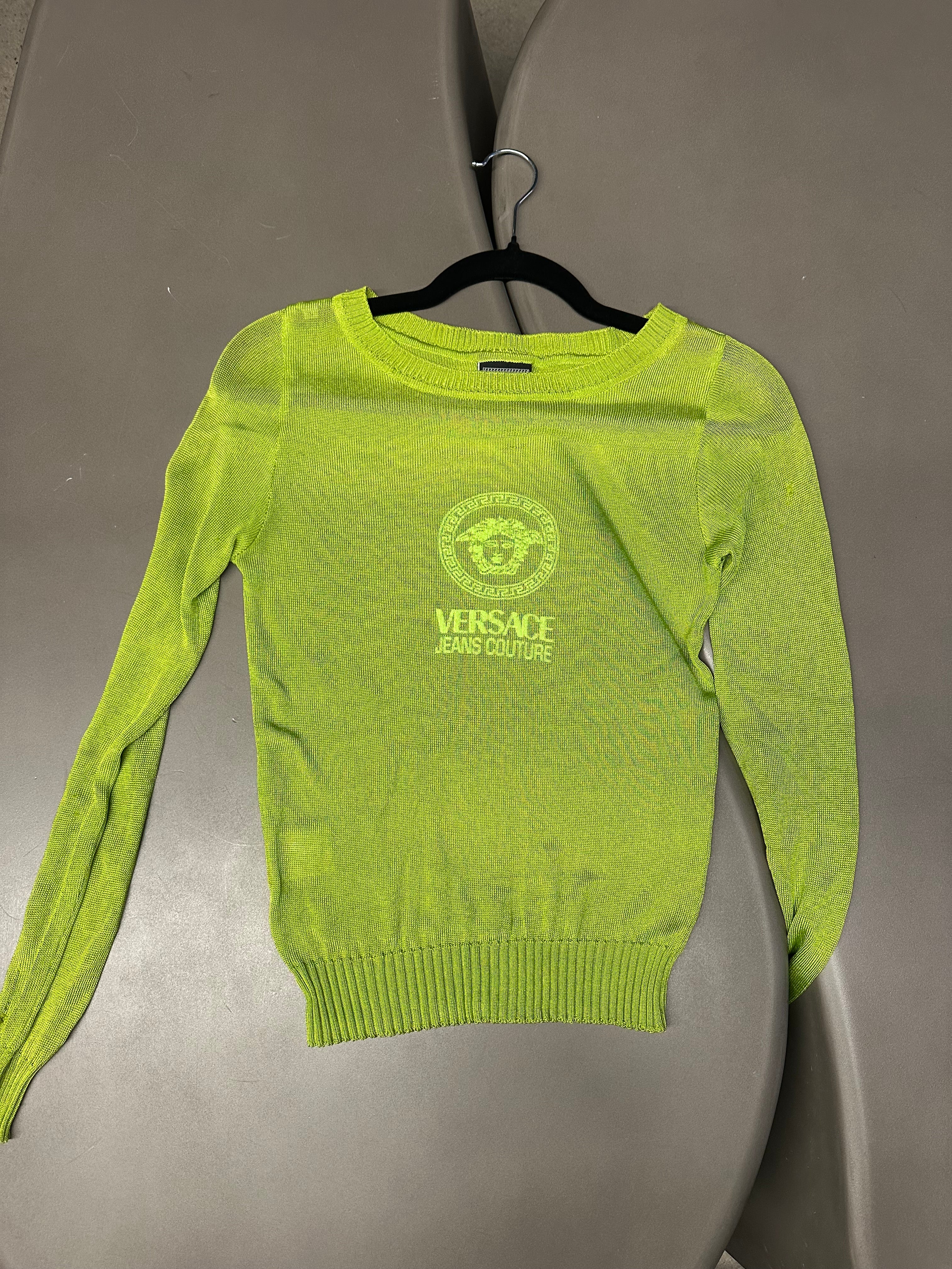 Versace 00s Sheer Logo Knit Jumper Green (Size S Womens)