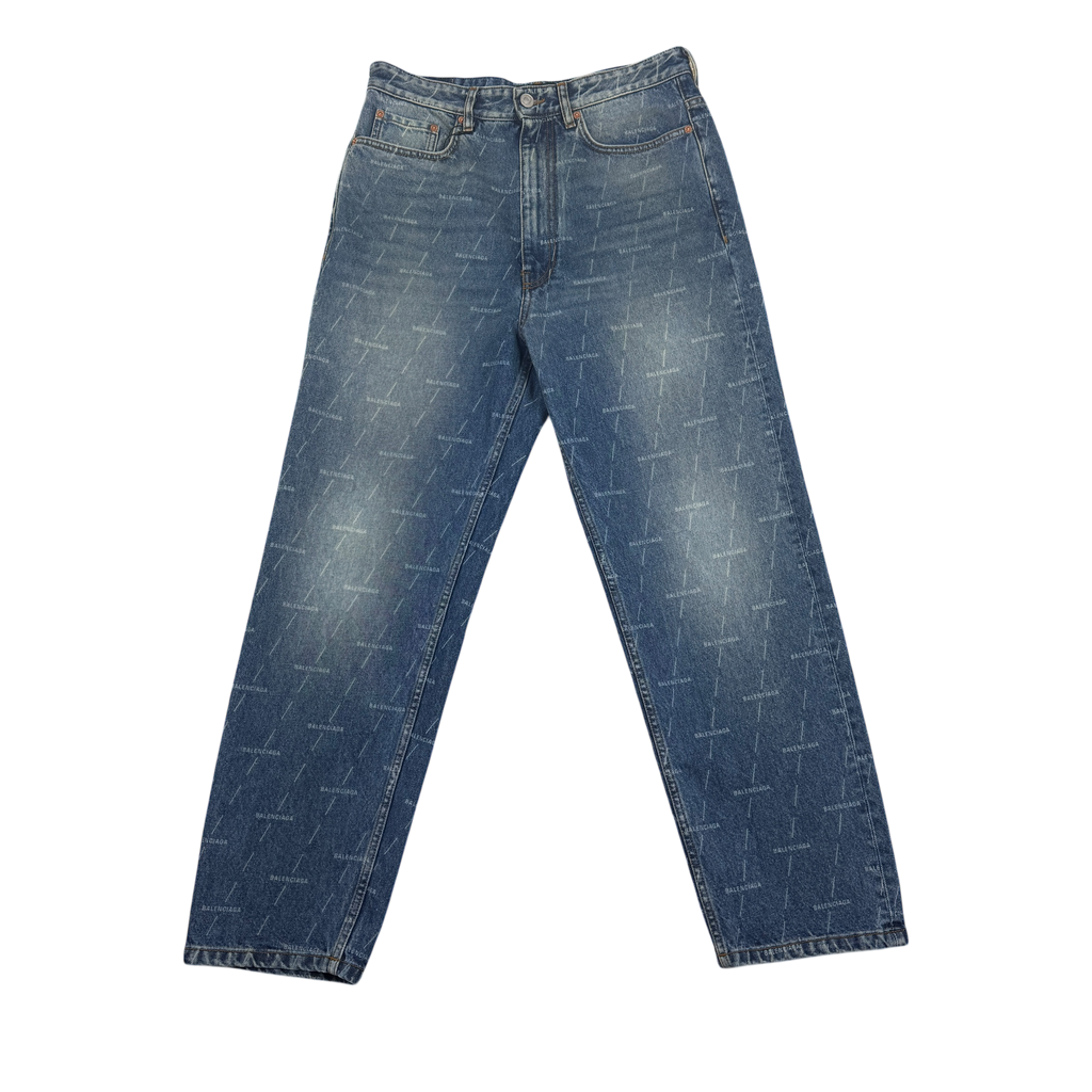 Balenciaga Monogram-Print Straight-Leg Washed Jeans (Size 32”)