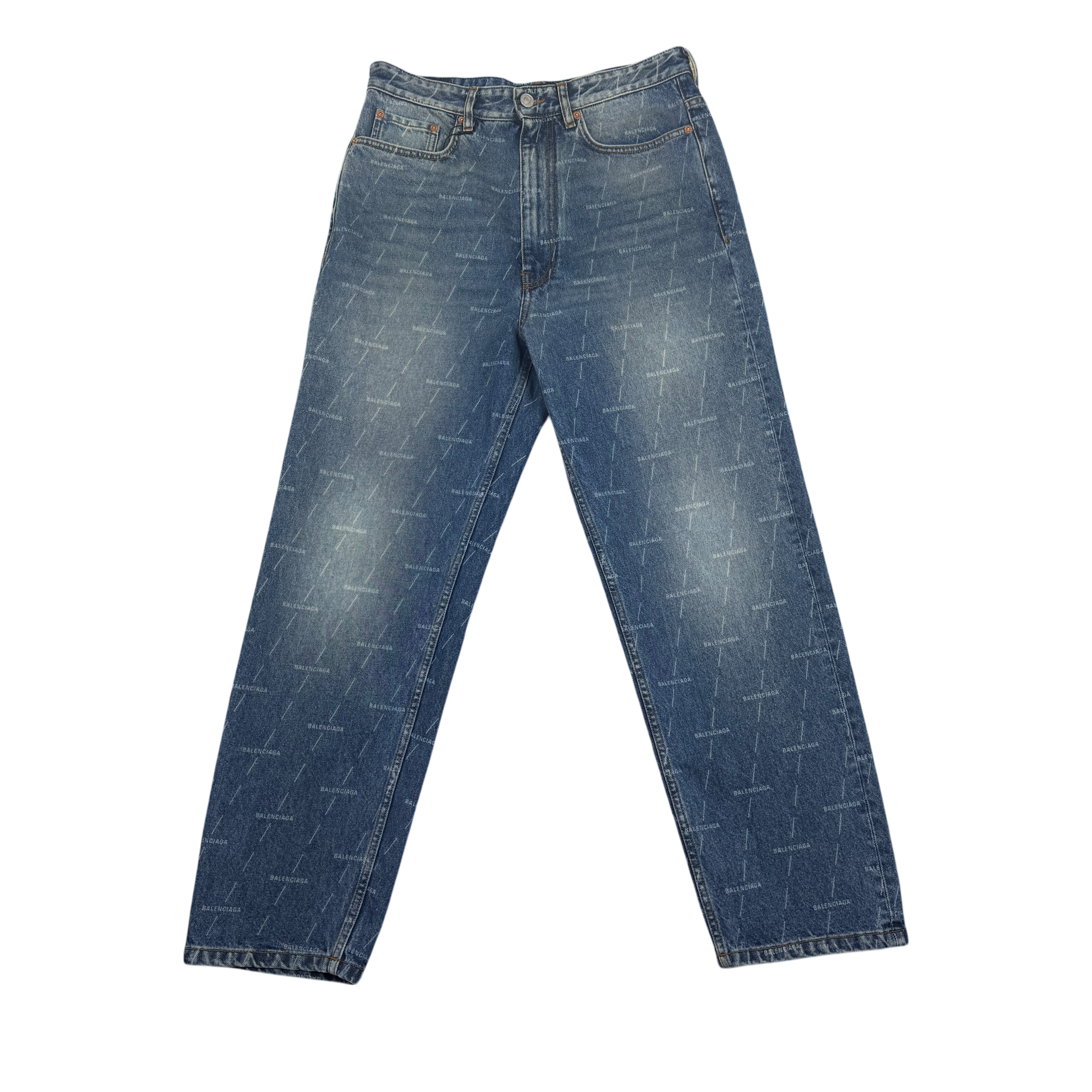 Balenciaga Monogram-Print Straight-Leg Washed Jeans (Size 32”)