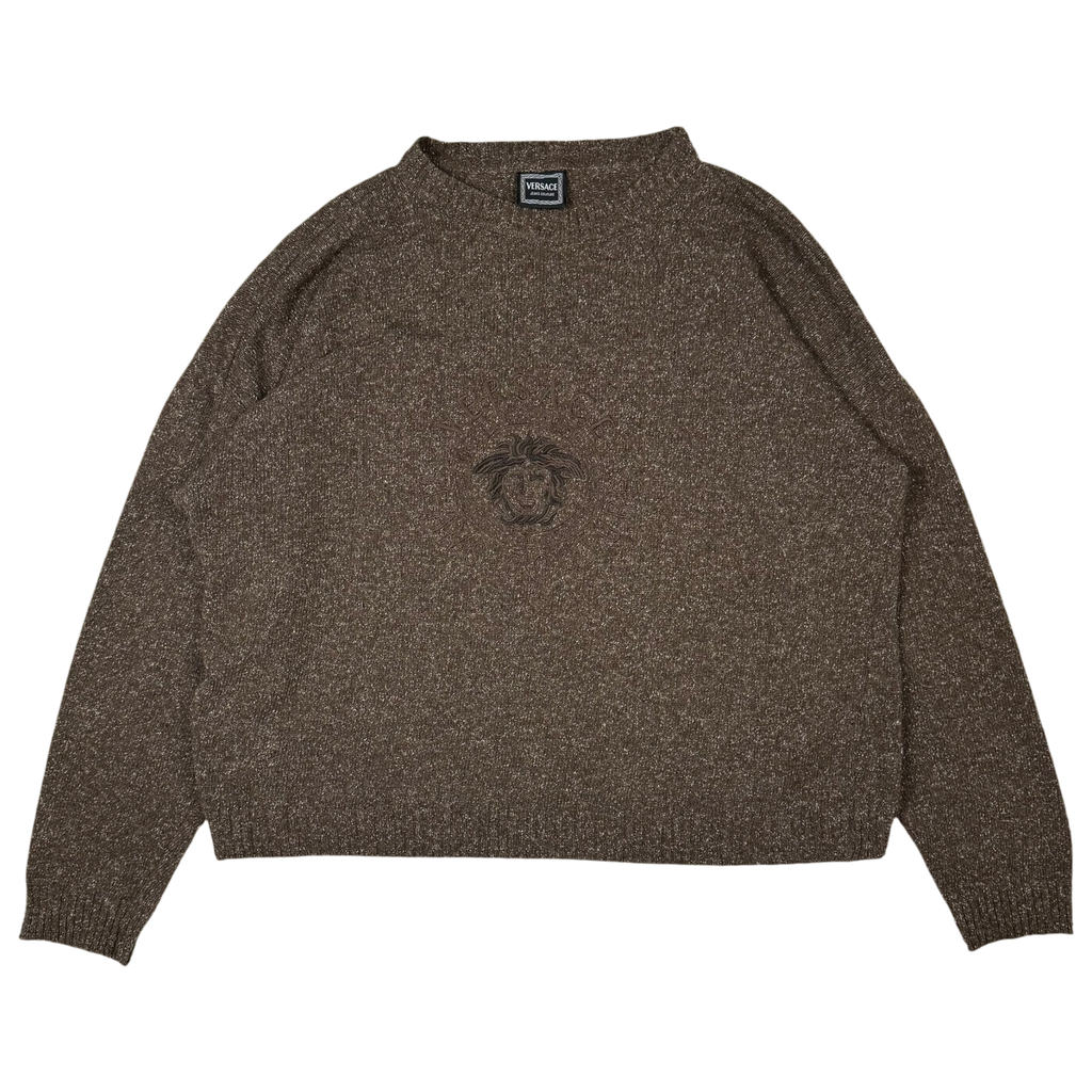 Versace 90s Medusa Logo Embroidered Wool Sweatshirt Brown (Size XL)