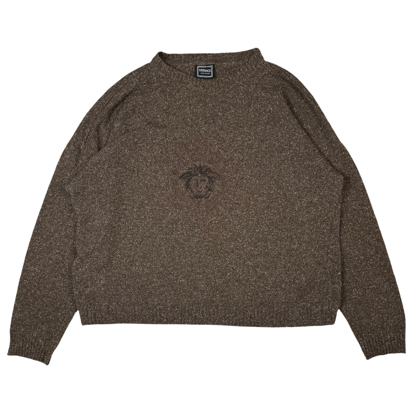 Versace 90s Medusa Logo Embroidered Wool Sweatshirt Brown (Size XL)