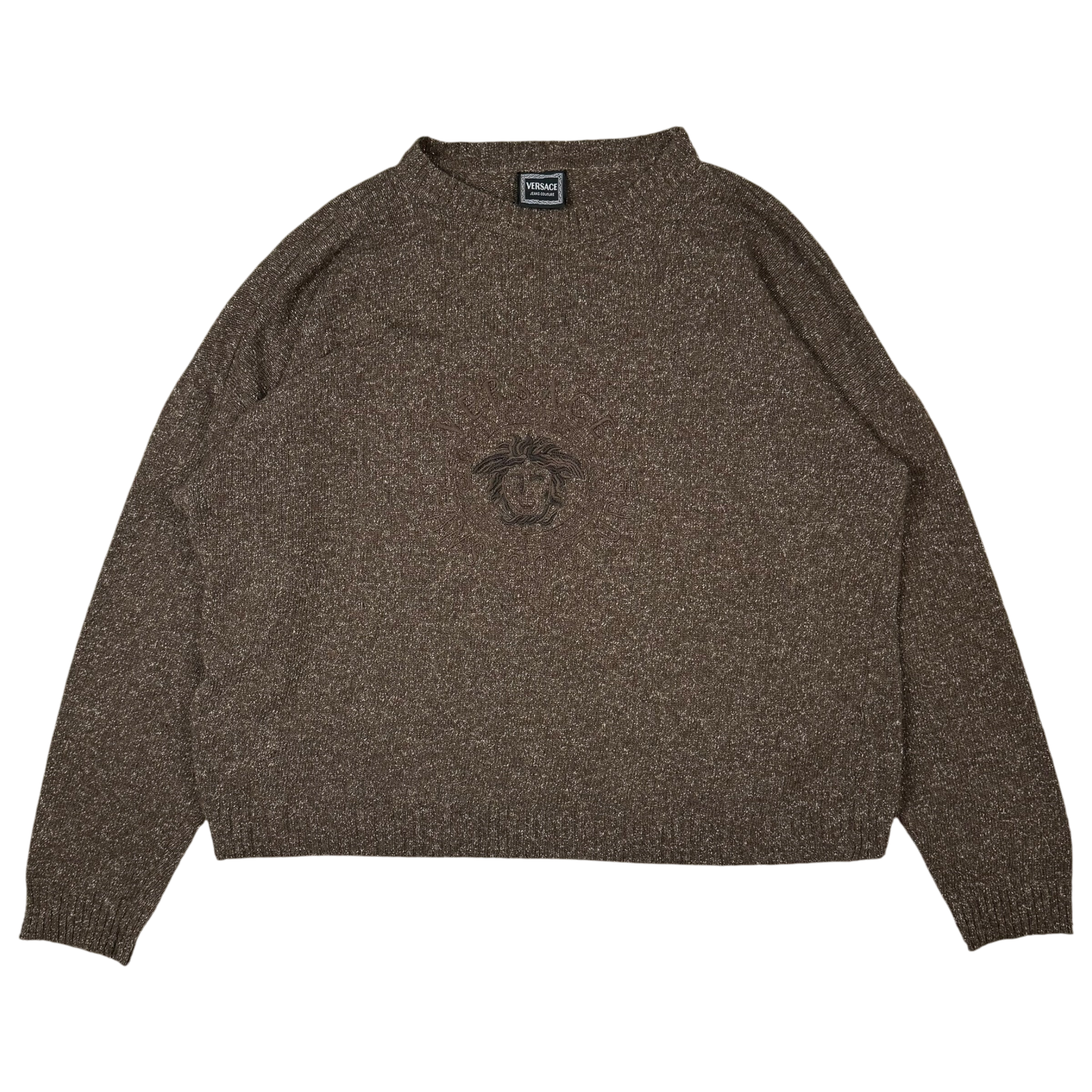 Versace 90s Medusa Logo Embroidered Wool Sweatshirt Brown (Size XL)