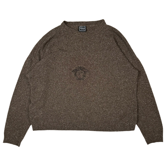 Versace 90s Medusa Logo Embroidered Wool Sweatshirt Brown (Size XL)