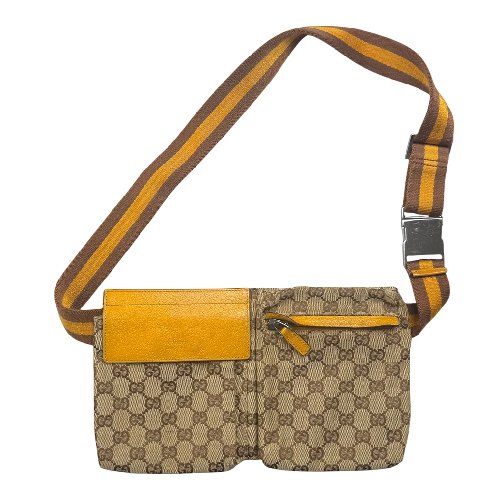 Gucci GG Canvas Web Double Pocket Belt Bag Brown/Yellow