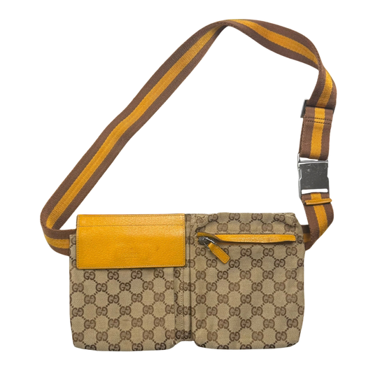 Gucci GG Canvas Web Double Pocket Belt Bag Brown/Yellow