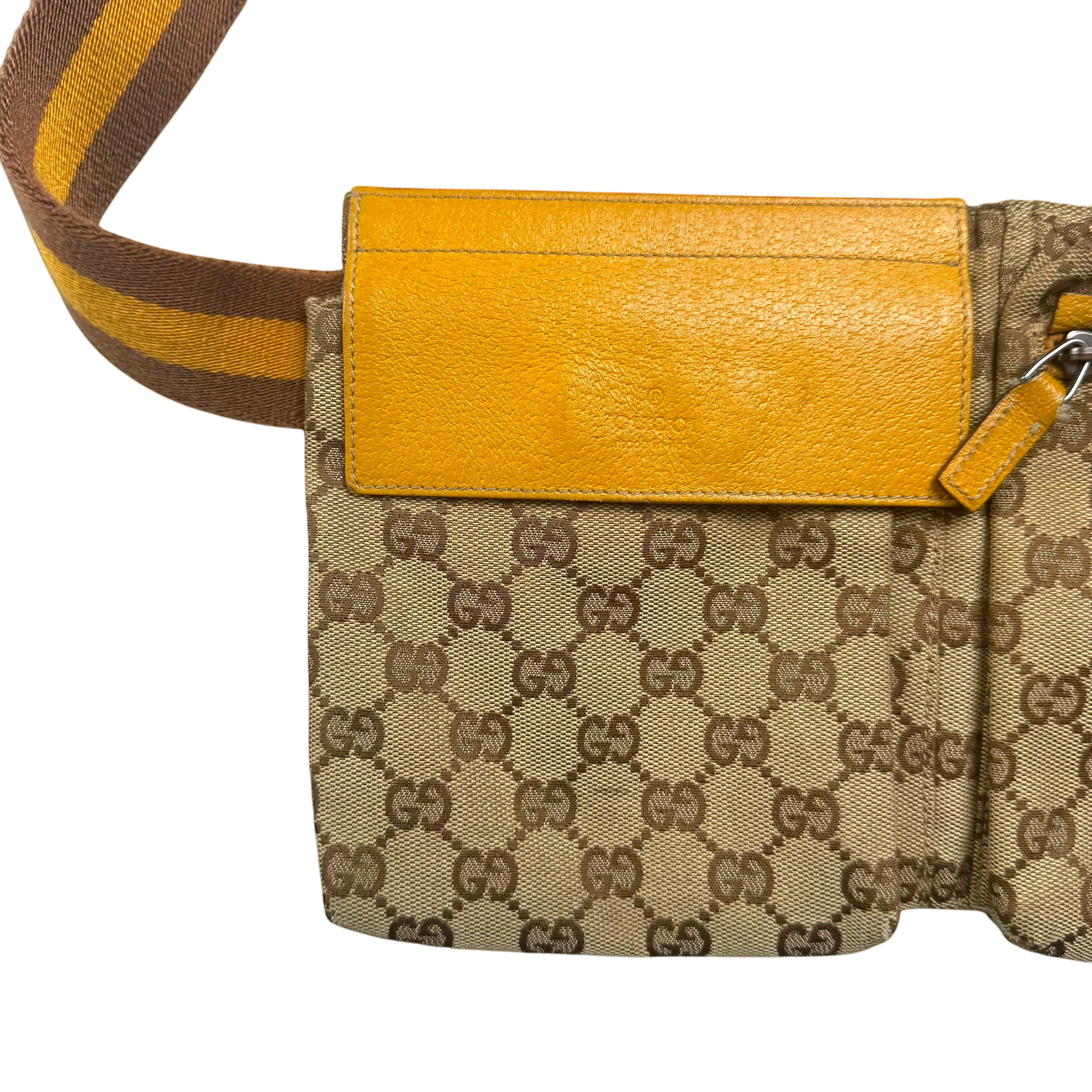 Gucci GG Canvas Web Double Pocket Belt Bag Brown/Yellow