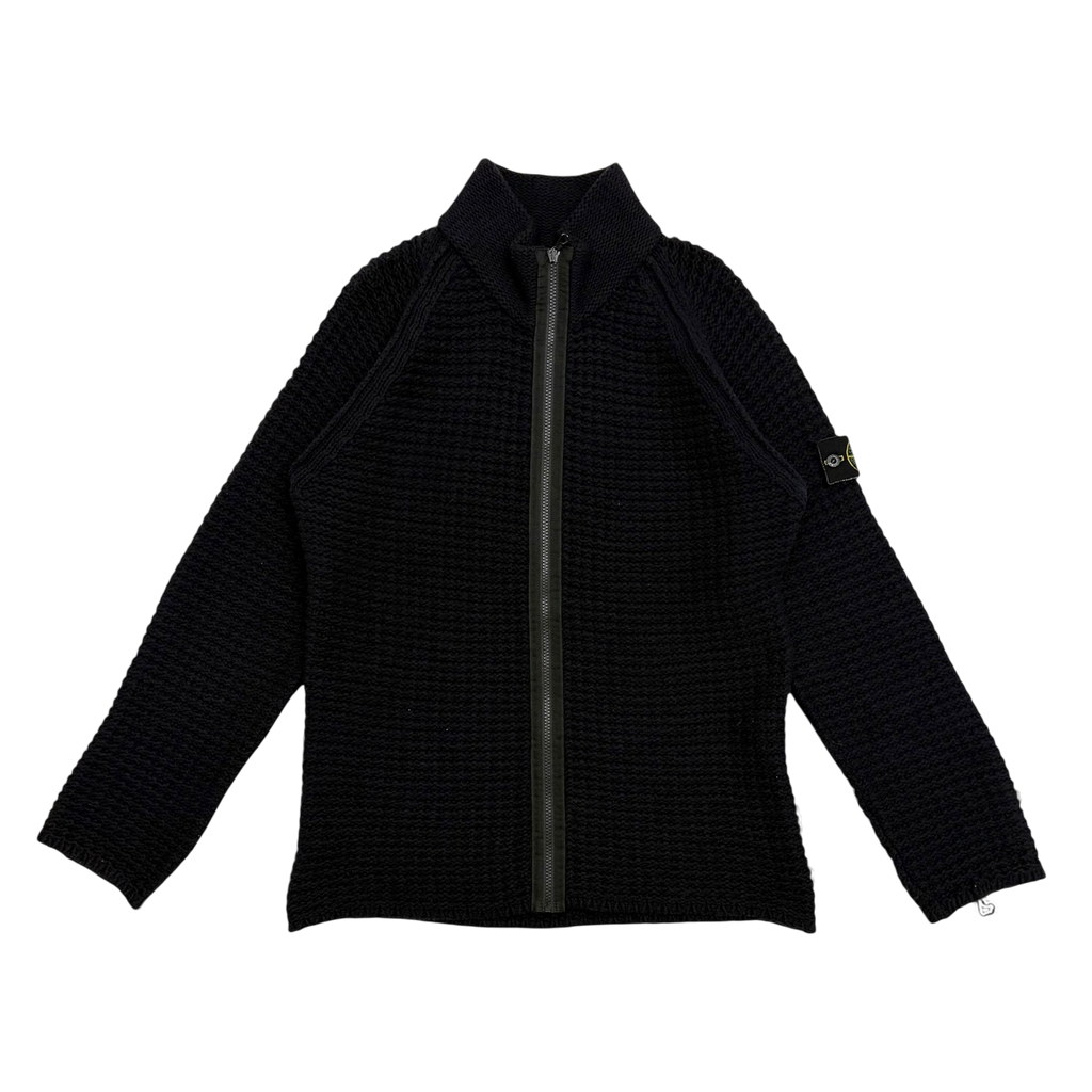 Stone Island AW02 Wool Blend Ribbed Knit Zip-Up Sweatshirt Navy (Size L)