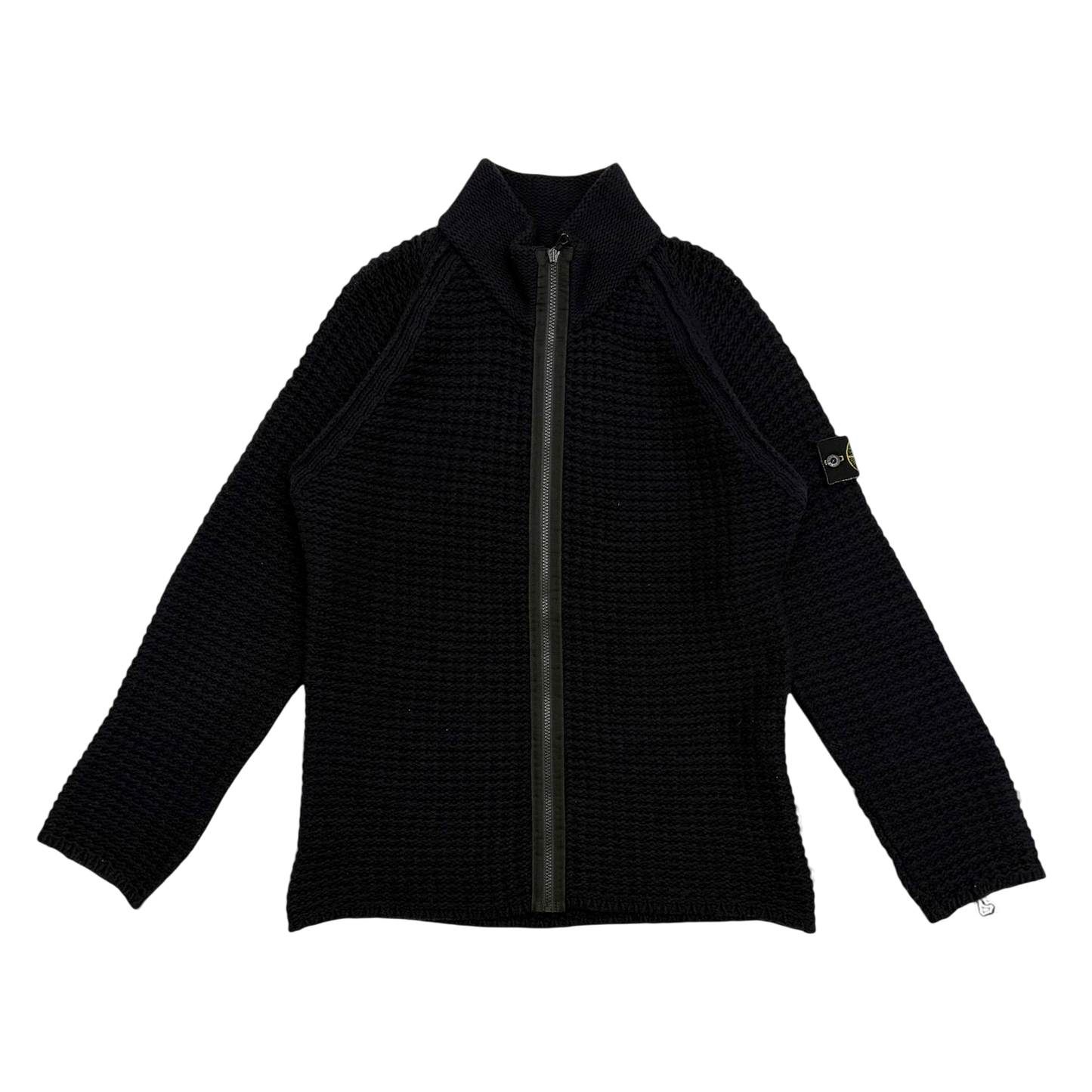 Stone Island AW02 Wool Blend Ribbed Knit Zip-Up Sweatshirt Navy (Size L)