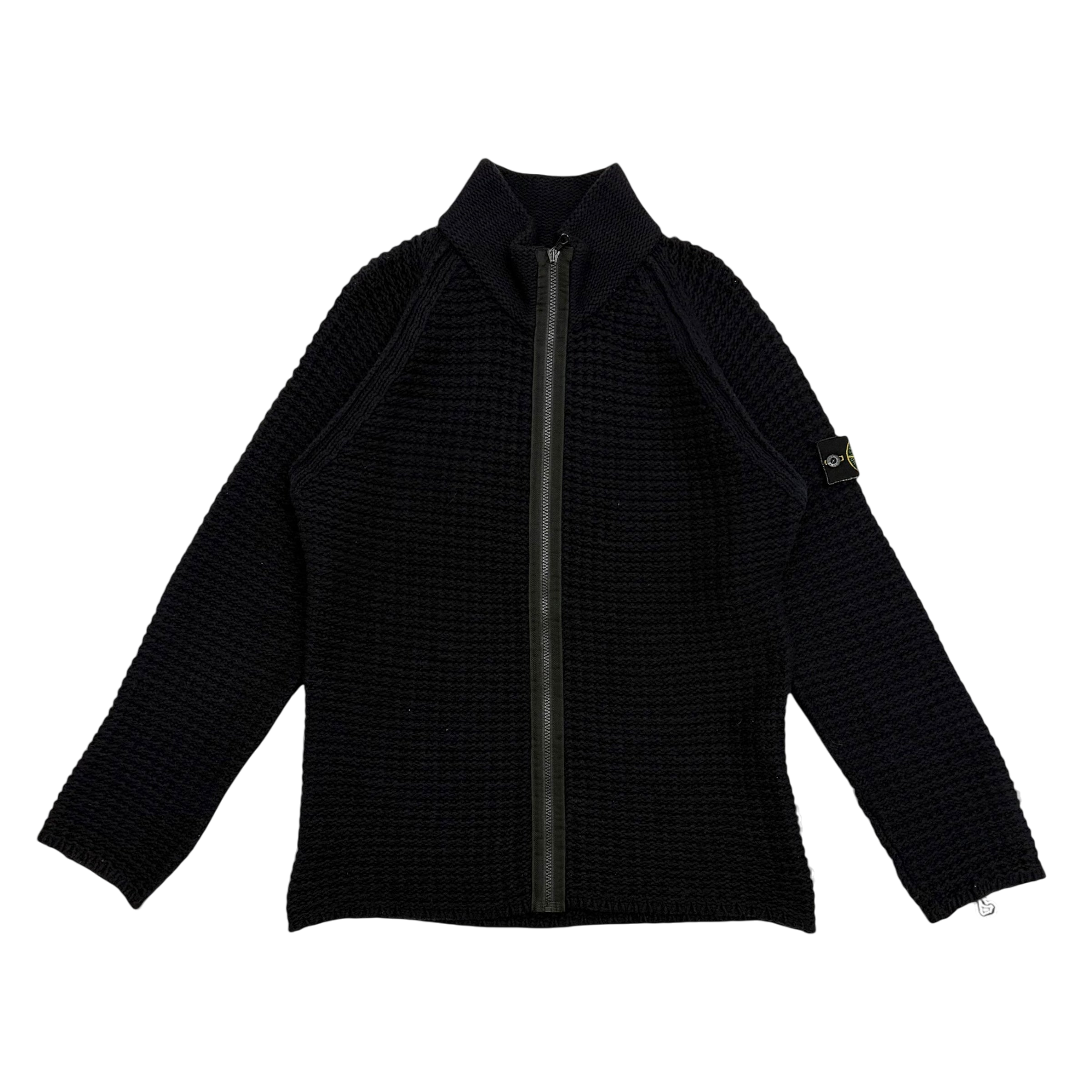 Stone Island AW02 Wool Blend Ribbed Knit Zip-Up Sweatshirt Navy (Size L)