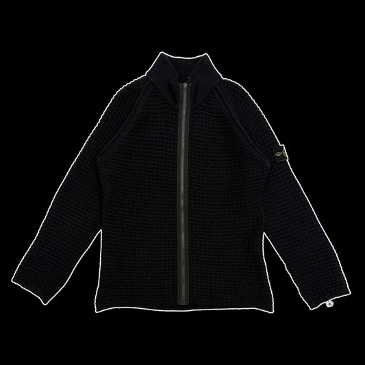 Stone Island AW02 Wool Blend Ribbed Knit Zip-Up Sweatshirt Navy (Size L)