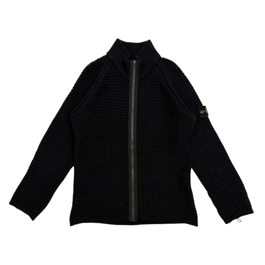 Stone Island AW02 Wool Blend Ribbed Knit Zip-Up Sweatshirt Navy (Size L)