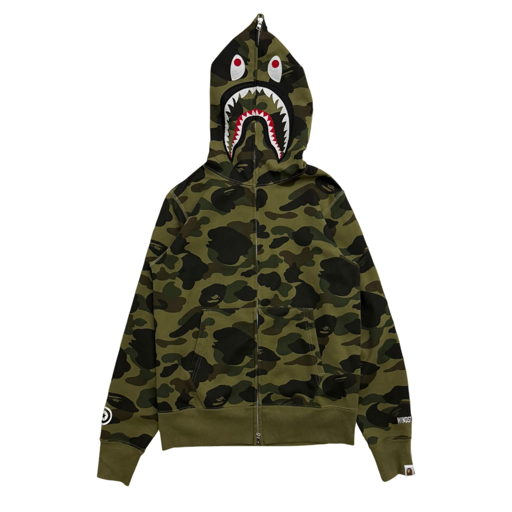 BAPE (A Bathing Ape) 1st Camo Gore Windstopper Camo Shark Zip-Up Hoodie Green (Size S)