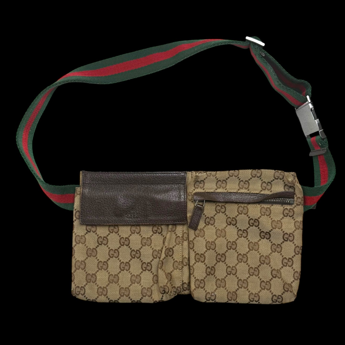 Gucci GG Canvas Web Double Pocket Belt Bag Brown