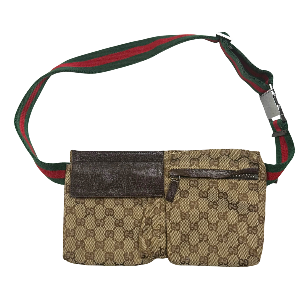 Gucci GG Canvas Web Double Pocket Belt Bag Brown