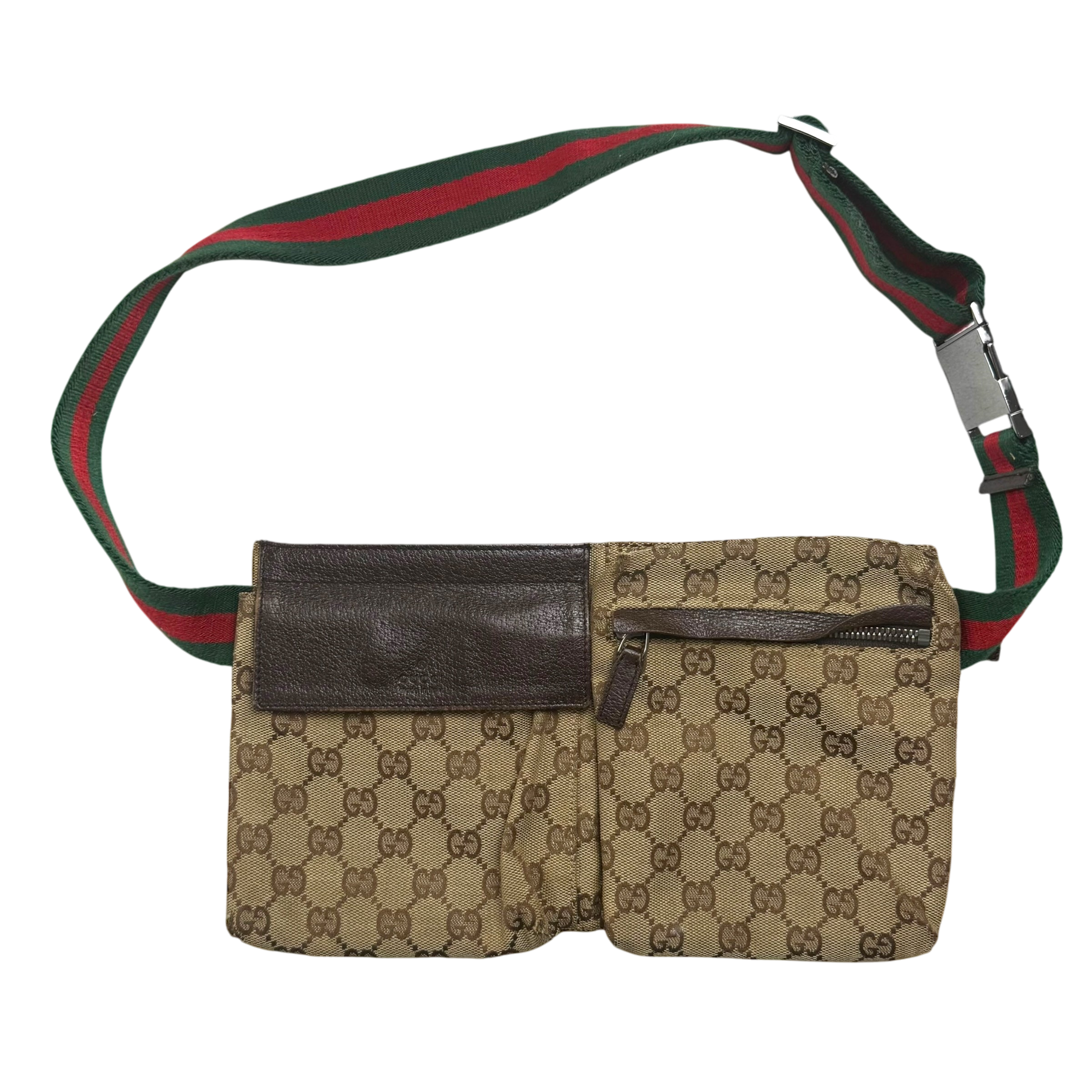 Gucci GG Canvas Web Double Pocket Belt Bag Brown