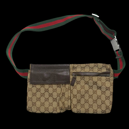 Gucci GG Canvas Web Double Pocket Belt Bag Brown