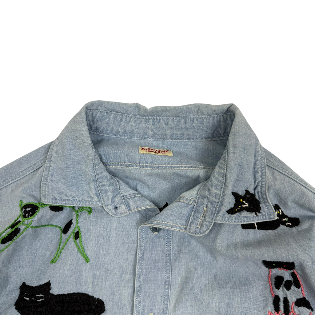 Kapital SS19 Cat Embroidered Cotton-Chambray Shirt Blue (Fits S-M)