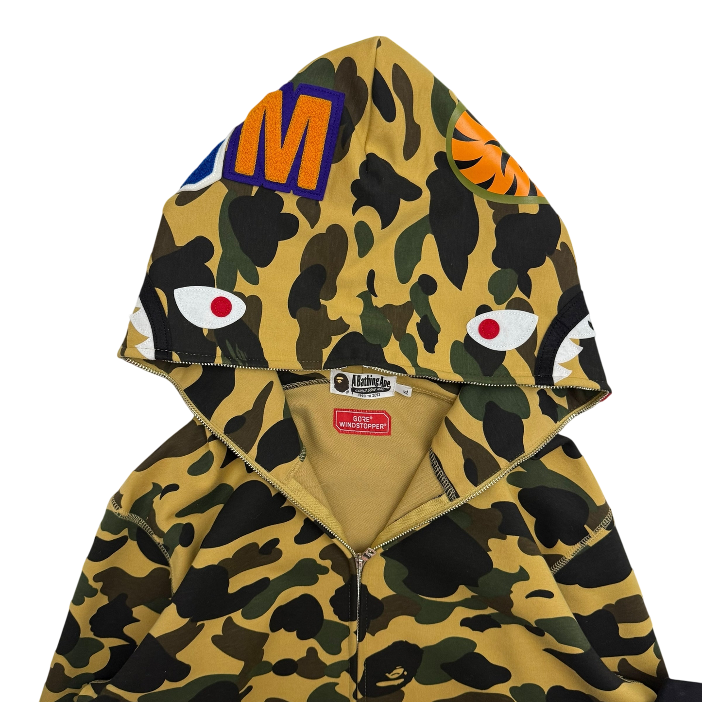 BAPE (A Bathing Ape) 1st Camo Gore Windstopper Camo Shark Zip-Up Hoodie Yellow (Fits L-XL)