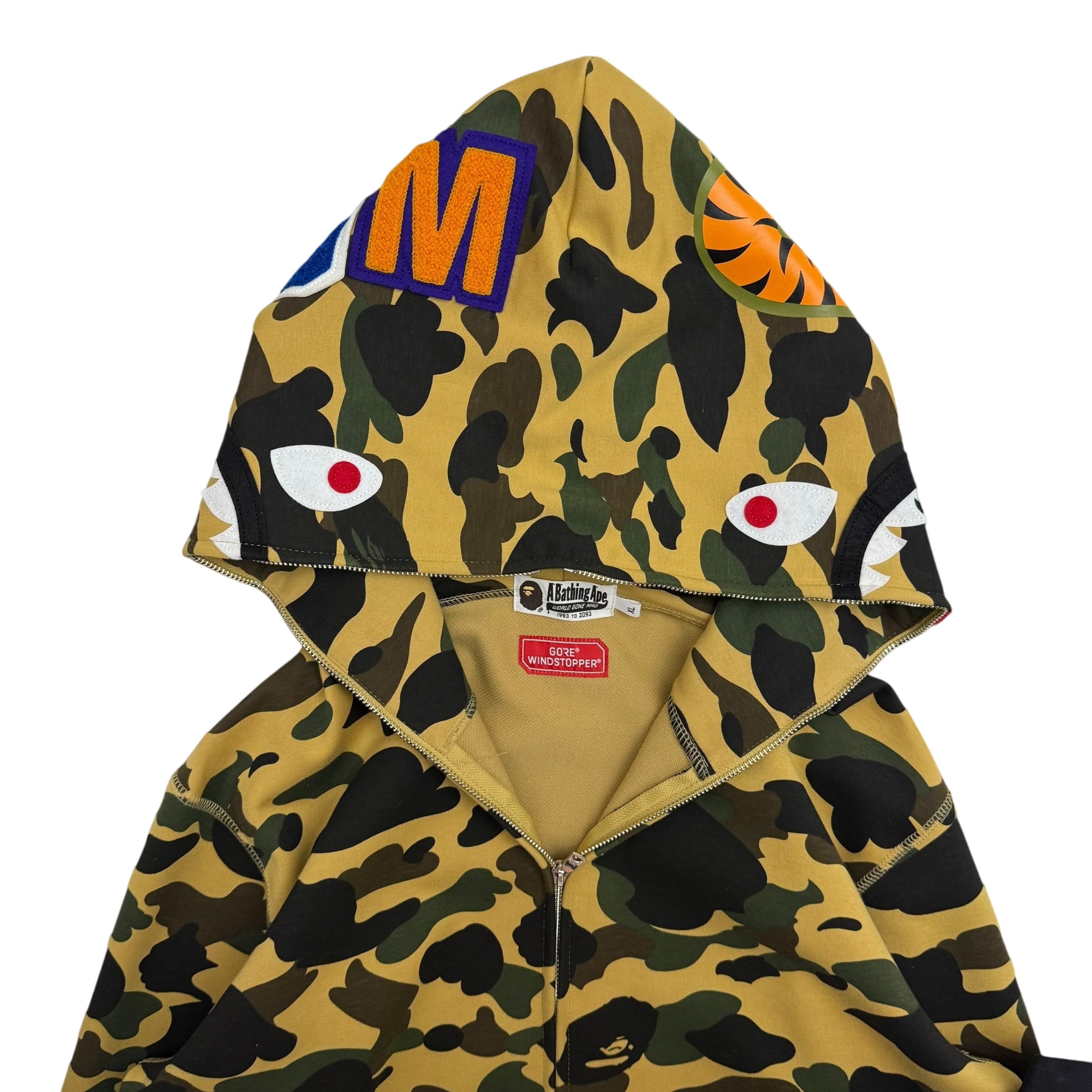 BAPE (A Bathing Ape) 1st Camo Gore Windstopper Camo Shark Zip-Up Hoodie Yellow (Fits L-XL)