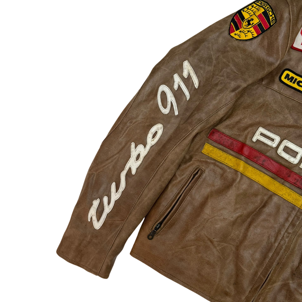 90s Porsche Turbo 911 Leather Racing Jacket Brown (size L)