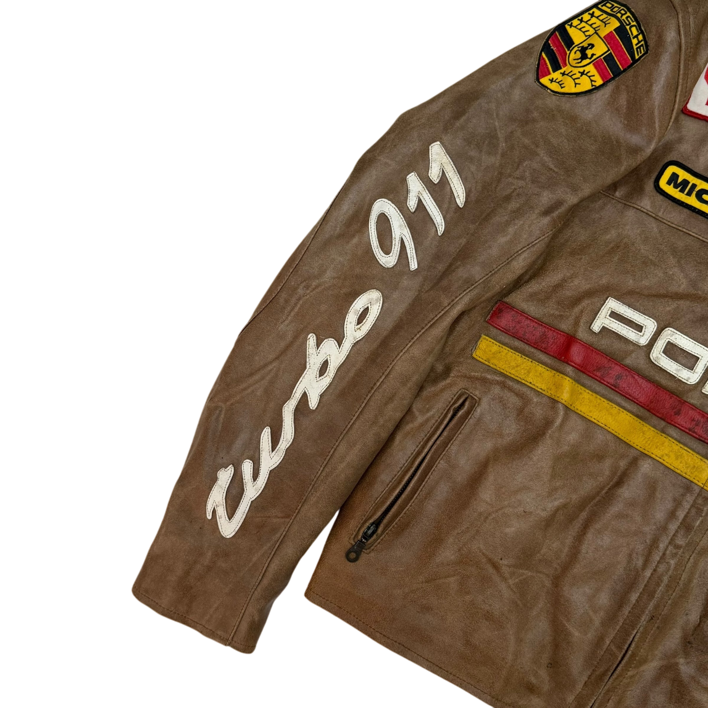 90s Porsche Turbo 911 Leather Racing Jacket Brown (size L)
