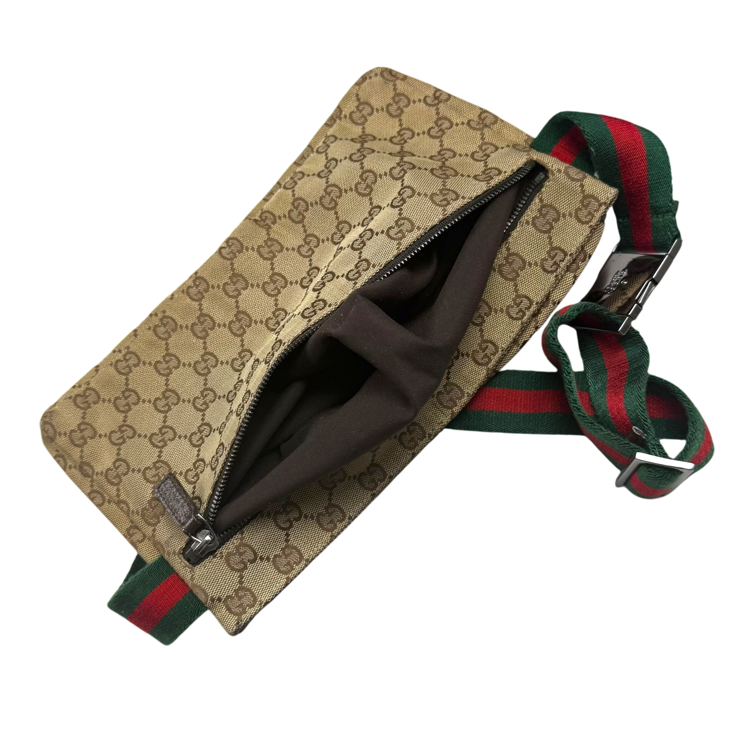 Gucci GG Canvas Web Double Pocket Belt Bag Brown