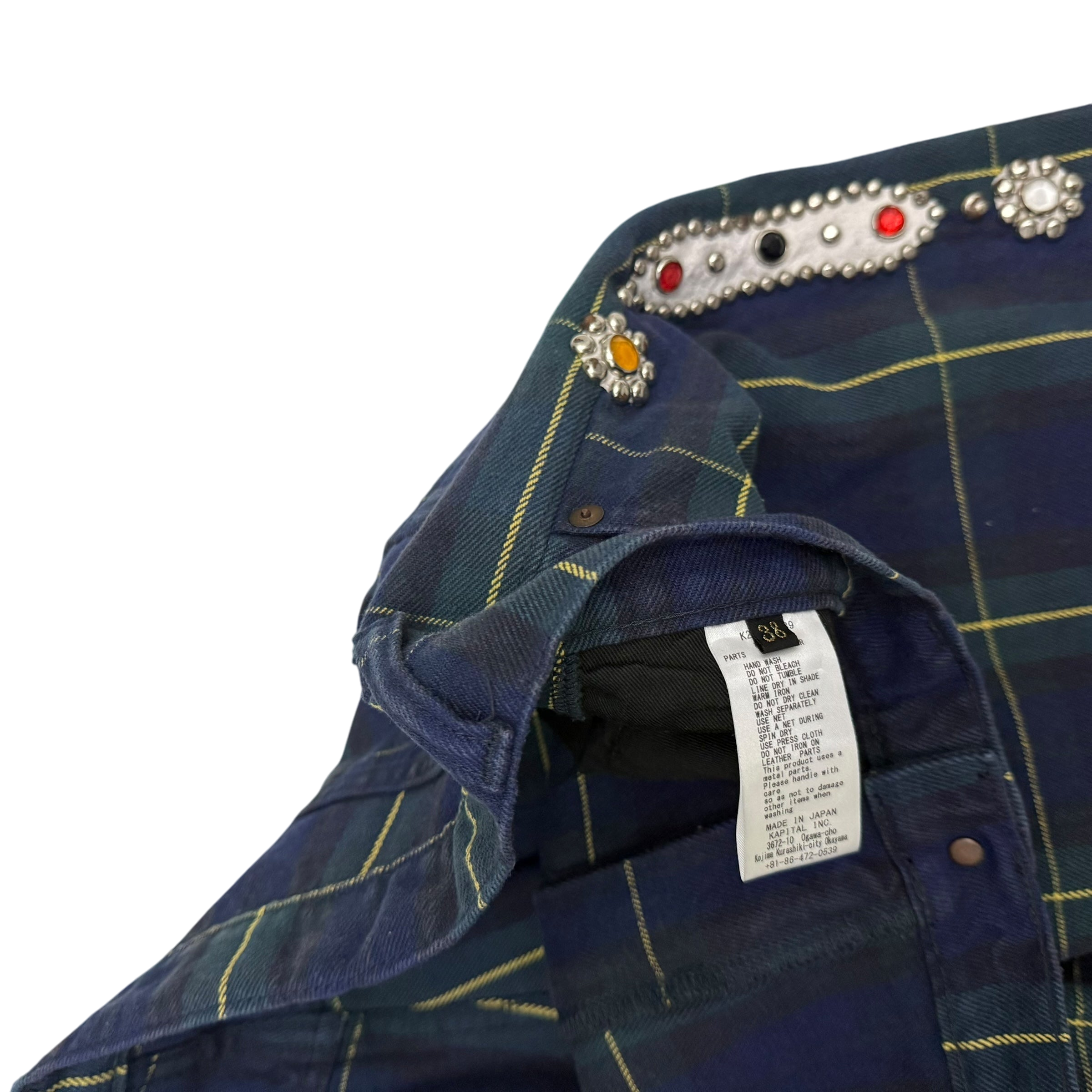 Kapital 11oz Tartan Check 5P Monkey Cisco Jeans (Studs Remake) Navy (Size 38”)