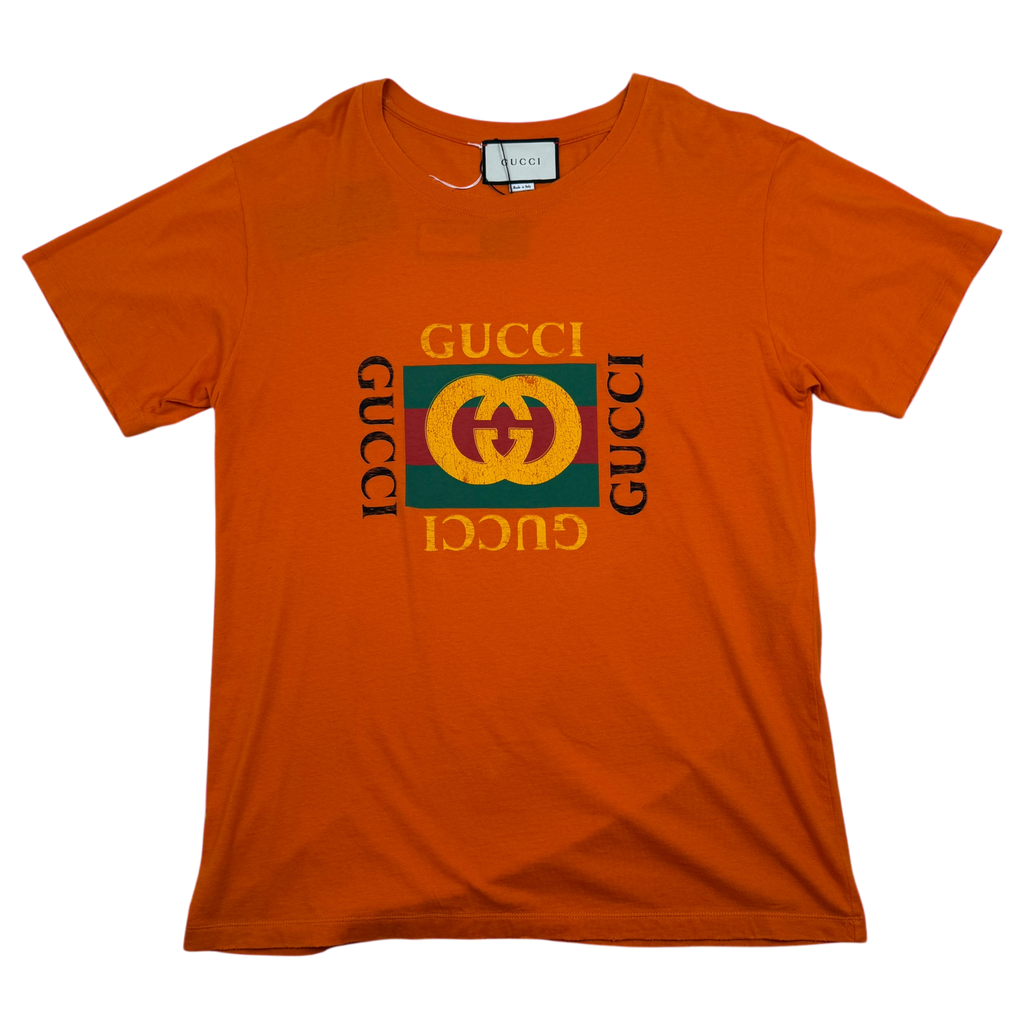 Gucci 2018 Distressed Printed Cotton-Jersey T-Shirt Orange (Fits M-L)
