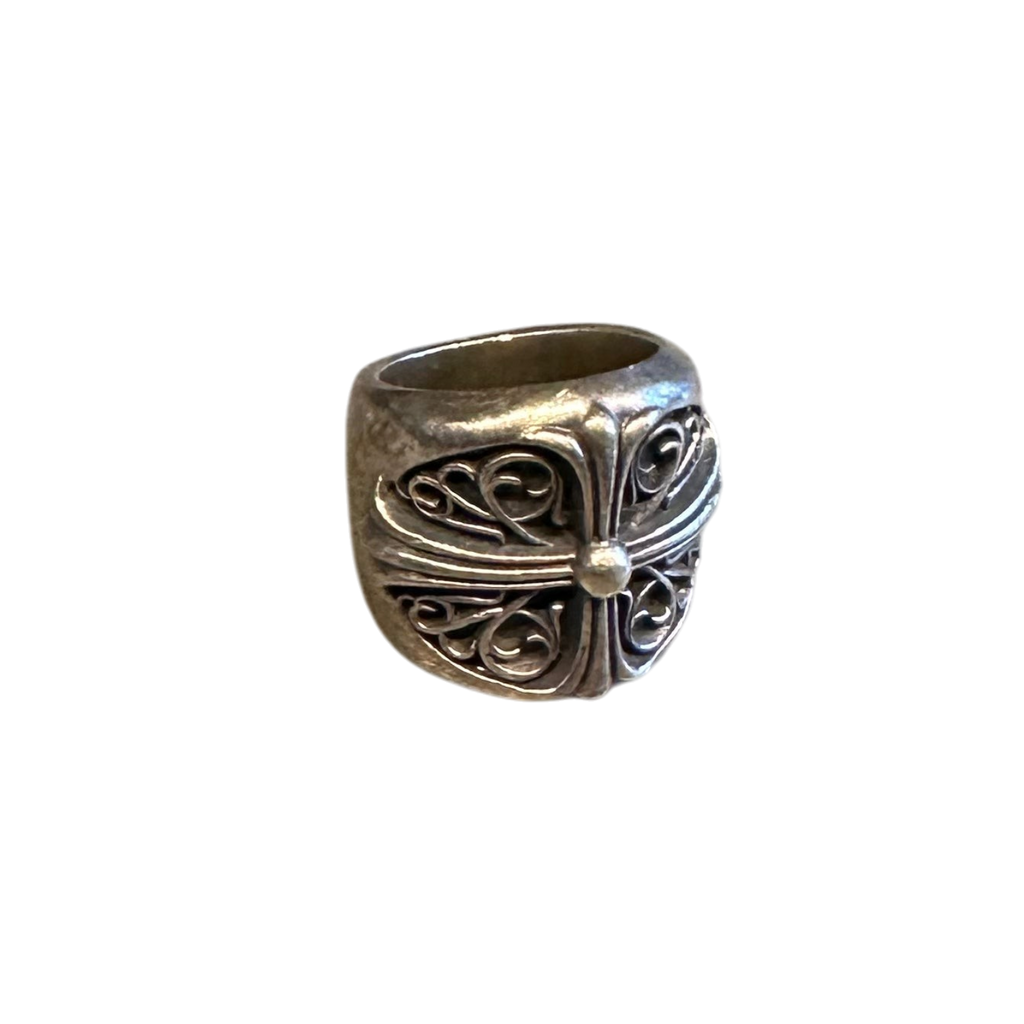 Zenno Archive Chrome Hearts oval cross ring in sterling silver with intricate filigree detailing, size US7.