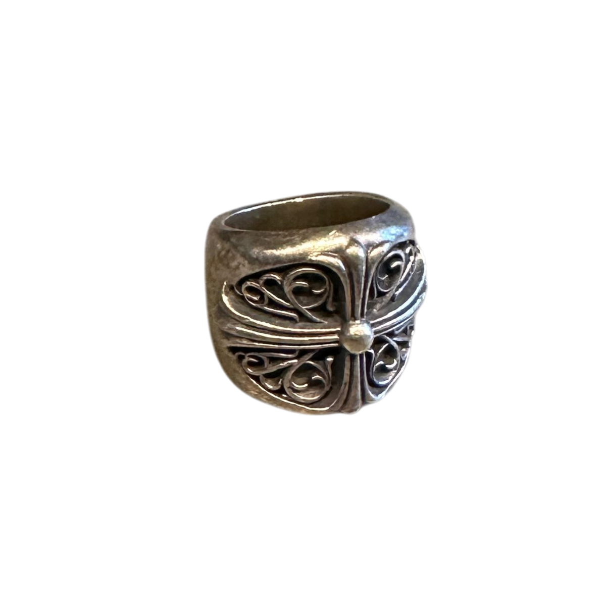 Zenno Archive Chrome Hearts oval cross ring in sterling silver with intricate filigree detailing, size US7.