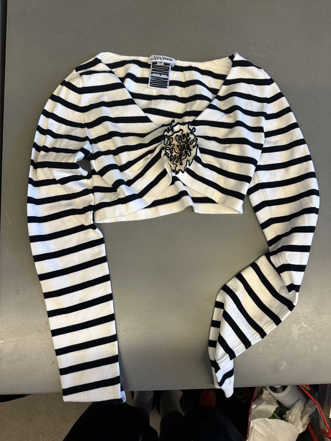 Jean Paul Gaultier Striped Appliqué Flower Crop Top Black/White (Size M Womens)
