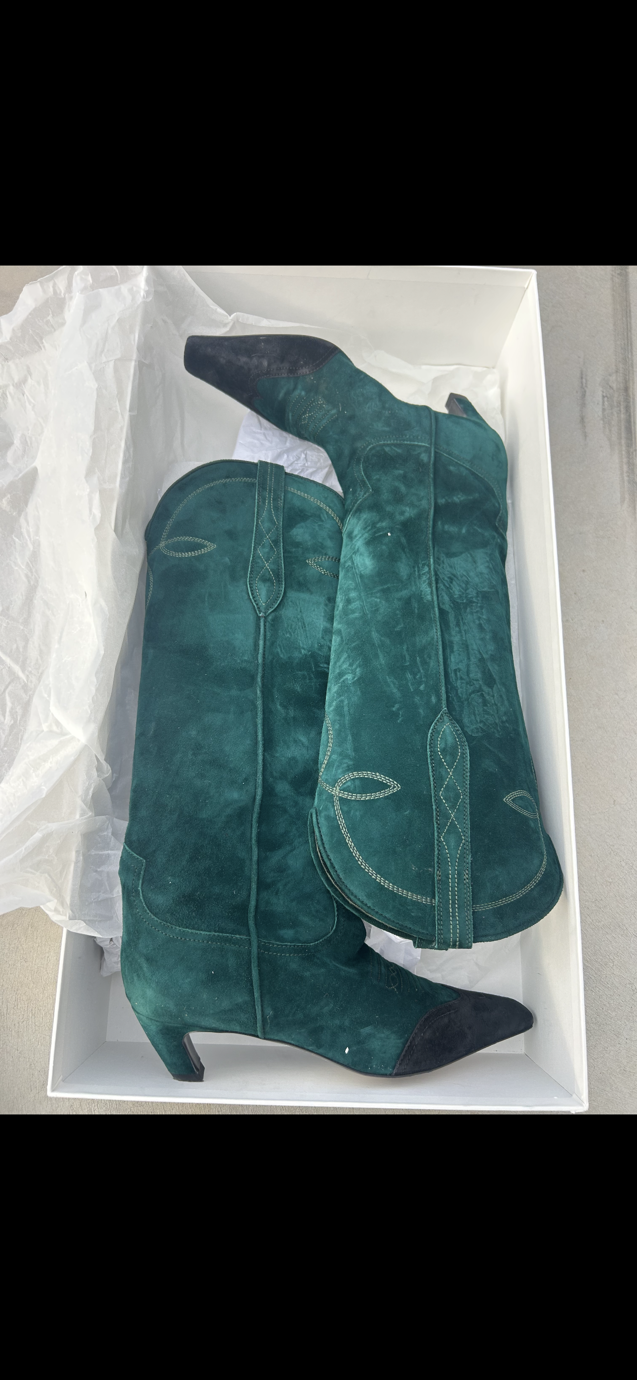 KHAITE Suede Green Western Boots & Box (Size 39)
