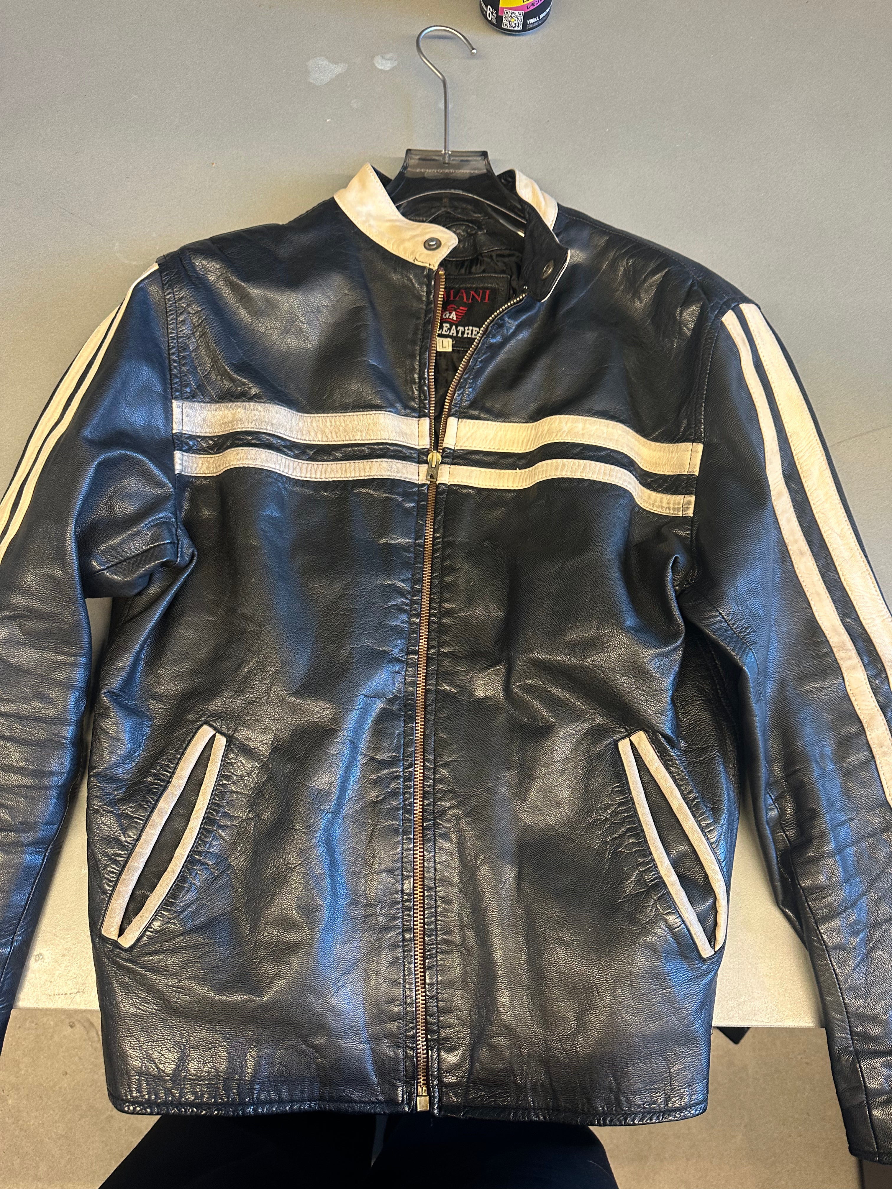 Armani 90s Cafe Leather Racer Jacket Black/Cream (Size L)