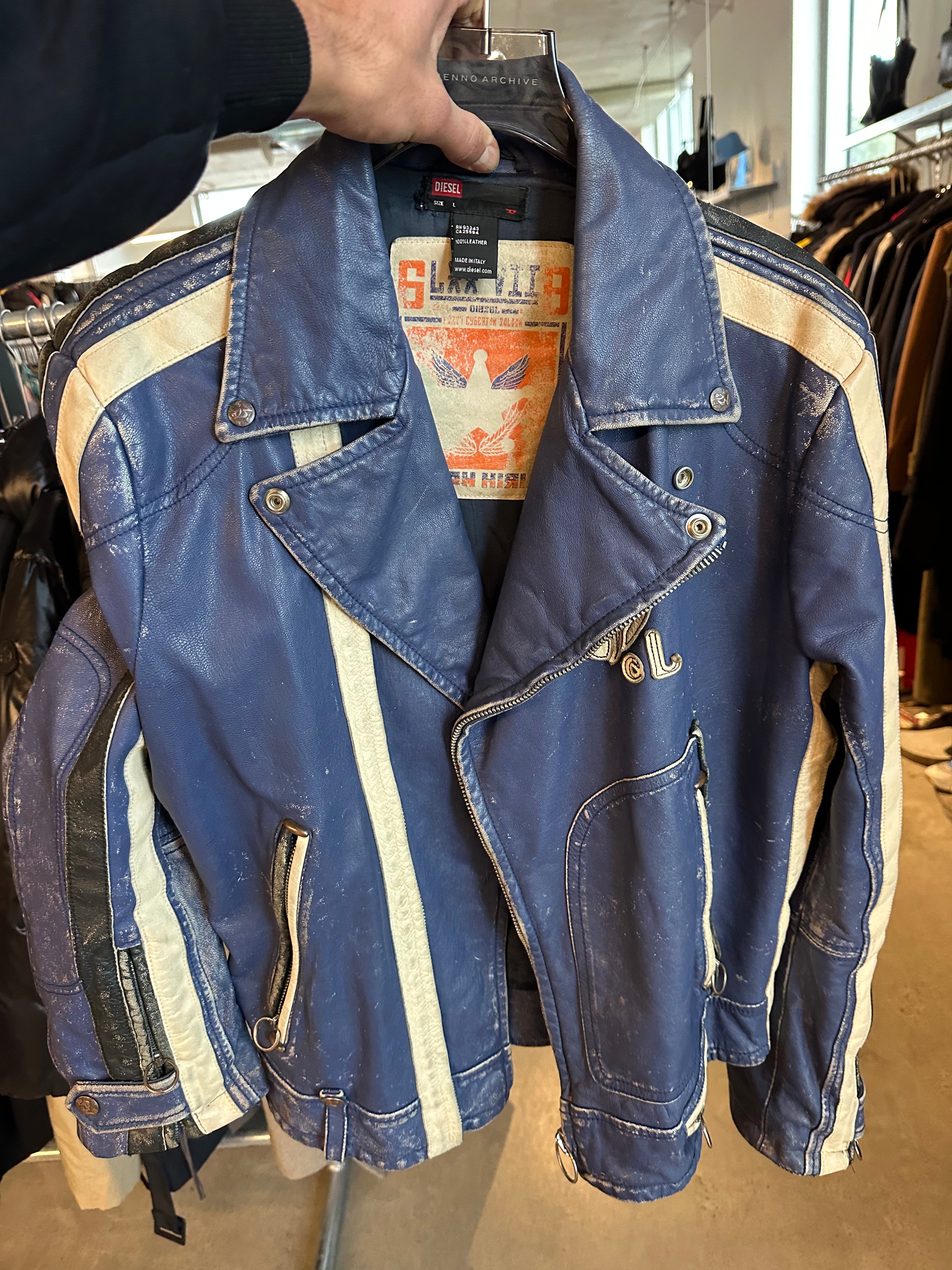 Diesel 2005 Leather Biker Jacket Blue/White (Size L)